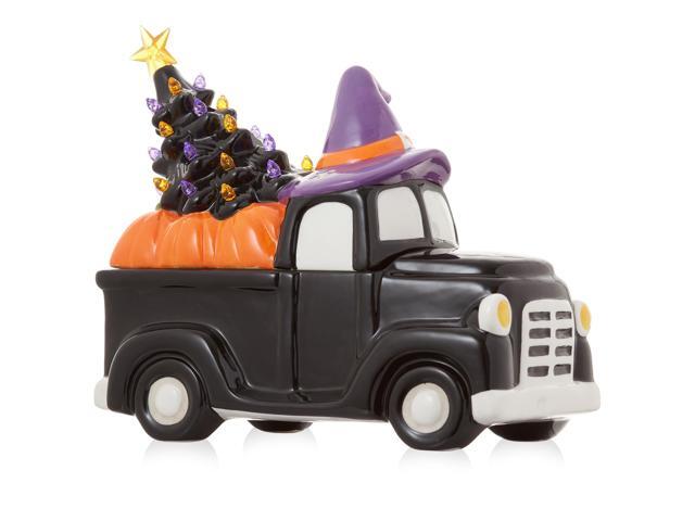 Casafield Ceramic Halloween Trick or Treat Truck, Hand Painted Pre-Lit LED Jack-o-Lantern Black Truck Tabletop Decor