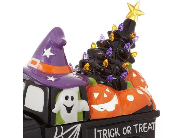 Casafield Ceramic Halloween Trick or Treat Truck, Hand Painted Pre-Lit LED Jack-o-Lantern Black Truck Tabletop Decor