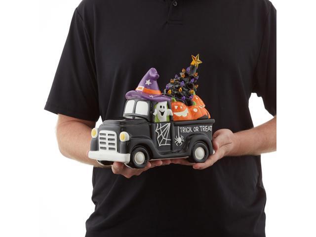 Casafield Ceramic Halloween Trick or Treat Truck, Hand Painted Pre-Lit LED Jack-o-Lantern Black Truck Tabletop Decor