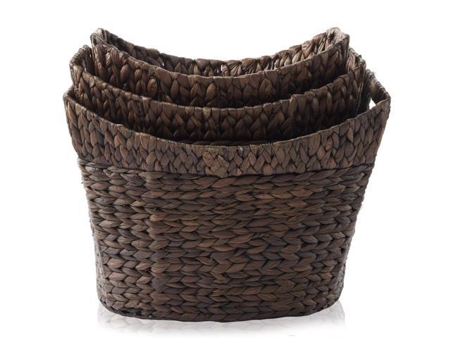 Casafield Set of 3 Stackable Oval Laundry Baskets with Handles - Espresso, Woven Water Hyacinth Storage Totes for Throw Blankets, Bathroom,...