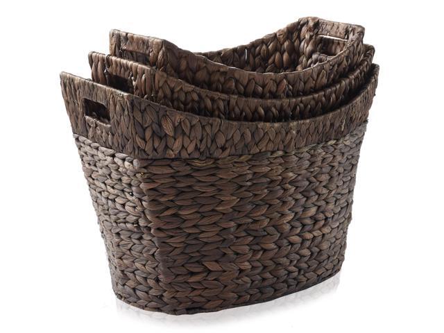 Casafield Set of 3 Stackable Oval Laundry Baskets with Handles - Espresso, Woven Water Hyacinth Storage Totes for Throw Blankets, Bathroom,...