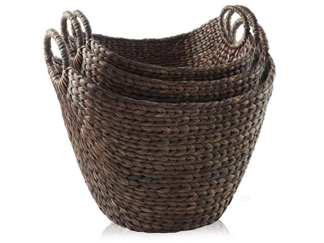 Casafield Set of 3 Multipurpose Boat Baskets with Handles - Espresso, Woven Water Hyacinth Storage Organizers for Throw Blankets, Bedroom, Living...