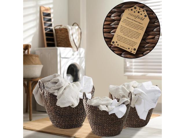 Casafield Set of 3 Multipurpose Boat Baskets with Handles - Espresso, Woven Water Hyacinth Storage Organizers for Throw Blankets, Bedroom, Living...