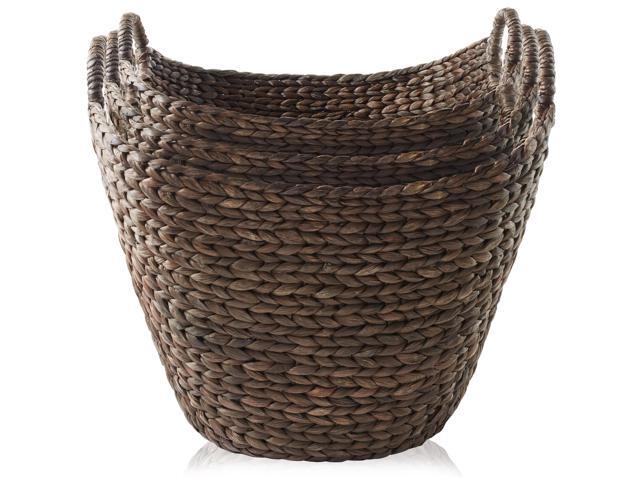 Casafield Set of 3 Multipurpose Boat Baskets with Handles - Espresso, Woven Water Hyacinth Storage Organizers for Throw Blankets, Bedroom, Living...