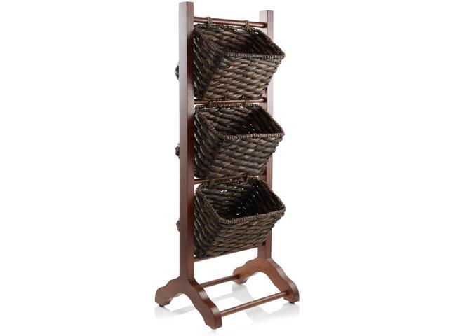 Casafield 3-Tier Floor Stand with Water Hyacinth Storage Baskets, Walnut/Espresso - Standing Organizer Rack for Bathroom, Kitchen, Laundry, Living...