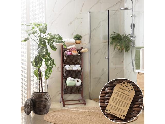 Casafield 3-Tier Floor Stand with Water Hyacinth Storage Baskets, Walnut/Espresso - Standing Organizer Rack for Bathroom, Kitchen, Laundry, Living...