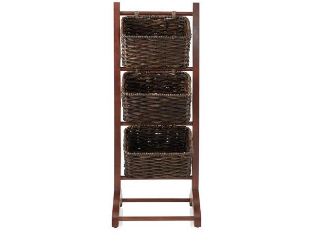 Casafield 3-Tier Floor Stand with Water Hyacinth Storage Baskets, Walnut/Espresso - Standing Organizer Rack for Bathroom, Kitchen, Laundry, Living...
