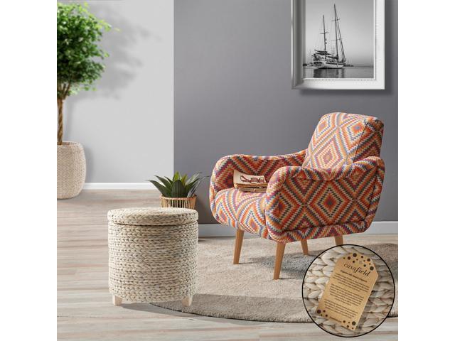 Casafield 17' Round Storage Ottoman with Lid - Whitewash, Handwoven Water Hyacinth Footstool for Living Room, Bedroom, Bathroom, Home Office