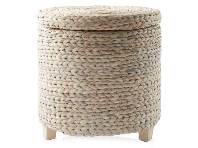 Casafield 17' Round Storage Ottoman with Lid - Whitewash, Handwoven Water Hyacinth Footstool for Living Room, Bedroom, Bathroom, Home Office