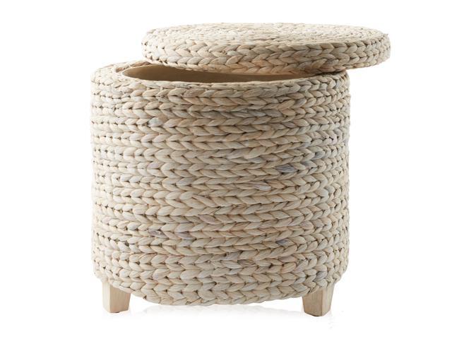 Casafield 17' Round Storage Ottoman with Lid - Whitewash, Handwoven Water Hyacinth Footstool for Living Room, Bedroom, Bathroom, Home Office