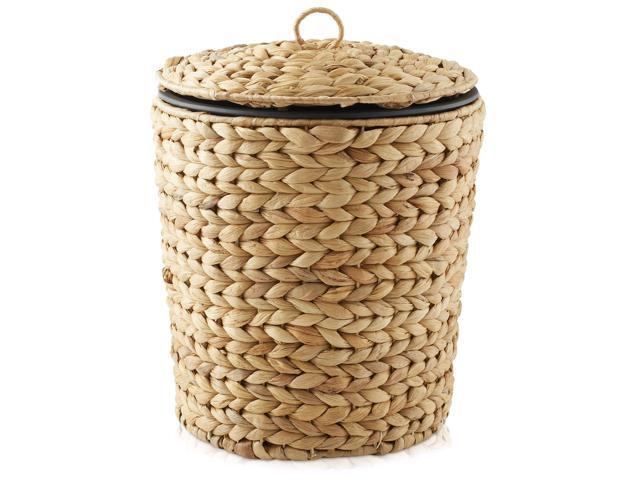 Casafield Water Hyacinth Trash Can with Lid and Liner - Natural, Woven Wicker Waste Basket for Bathroom, Bedroom, Laundry Room, Home Office
