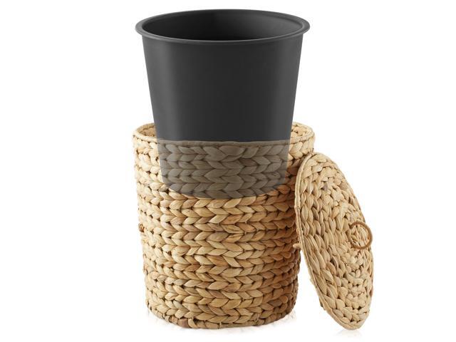Casafield Water Hyacinth Trash Can with Lid and Liner - Natural, Woven Wicker Waste Basket for Bathroom, Bedroom, Laundry Room, Home Office
