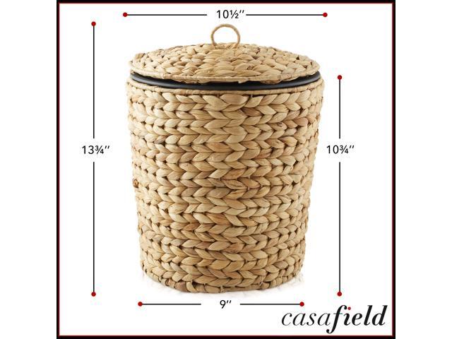 Casafield Water Hyacinth Trash Can with Lid and Liner - Natural, Woven Wicker Waste Basket for Bathroom, Bedroom, Laundry Room, Home Office