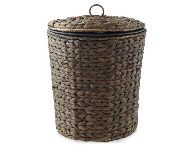 Casafield Water Hyacinth Trash Can with Lid and Liner - Espresso Brown, Woven Wicker Waste Basket for Bathroom, Bedroom, Laundry Room, Home Office
