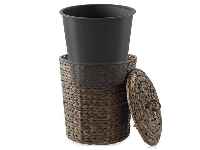 Casafield Water Hyacinth Trash Can with Lid and Liner - Espresso Brown, Woven Wicker Waste Basket for Bathroom, Bedroom, Laundry Room, Home Office
