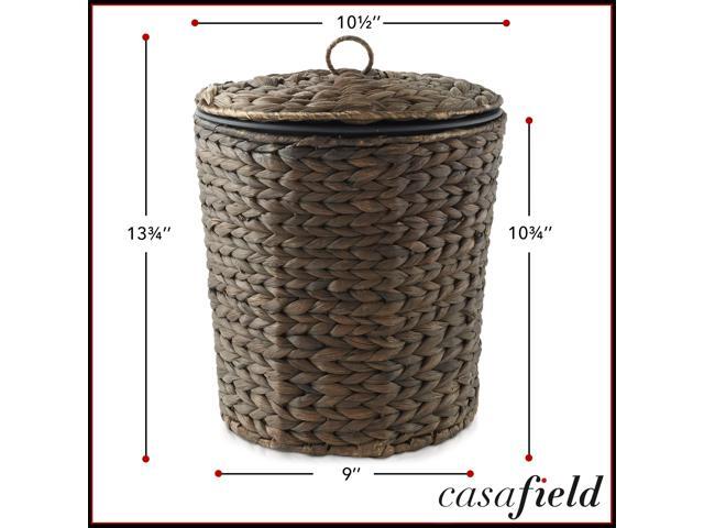 Casafield Water Hyacinth Trash Can with Lid and Liner - Espresso Brown, Woven Wicker Waste Basket for Bathroom, Bedroom, Laundry Room, Home Office