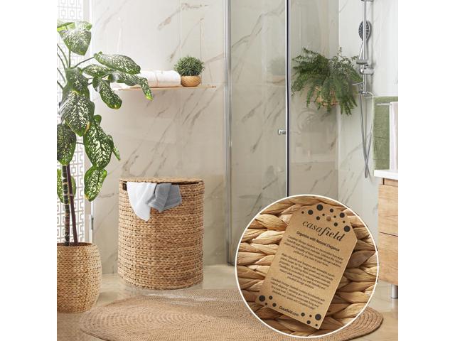 Casafield Half Moon Laundry Hamper with Lid and Removable Liner Bag - Natural, Woven Water Hyacinth Laundry Basket for Clothes and Towels