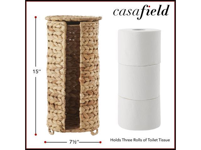 Casafield Free Standing Toilet Paper Storage Roll Holder with Lid - Natural, Fits 3 Rolls, Water Hyacinth Bath Tissue Organizer for Bathroom