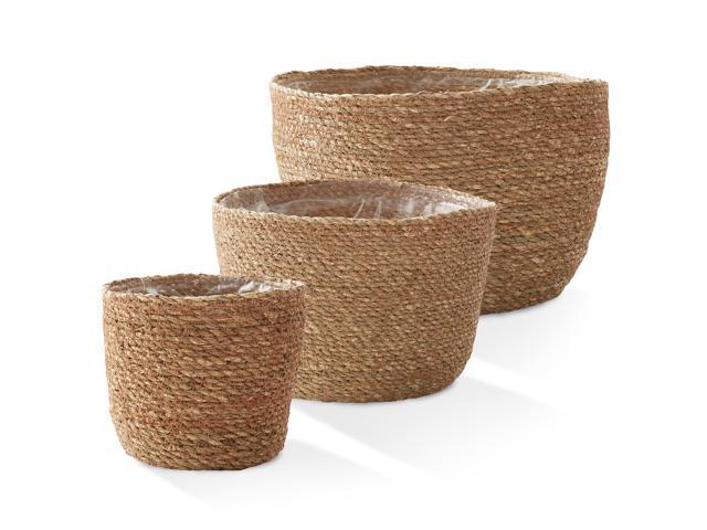 Casafield Set of 3 Seagrass Planter Baskets with Liners - Natural, Hand Woven Indoor Flower Pot Covers for Plants, Succulents, Home Decor