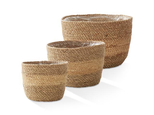 Casafield Set of 3 Seagrass Planter Baskets with Liners - Two-Tone, Hand Woven Indoor Flower Pot Covers for Plants, Succulents, Home Decor