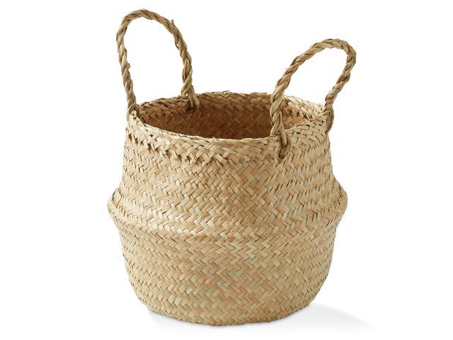 Casafield Seagrass Belly Storage Basket Planter with Handles - Small, Natural Woven Wicker Indoor Plant Pot Cover for Plants and Trees