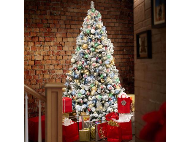 Casafield 7.5FT Realistic Snow-Flocked Pine with White and Multicolor LED Lights, 9 Light Sequence Artificial Holiday Christmas Tree with Sturdy...