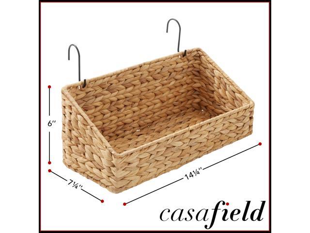 Casafield Set of 2 Hanging Baskets with Hooks - Natural, Hyacinth Woven Wall Mounted Storage Bins for Kitchen, Bathroom, Laundry Room, Home Office