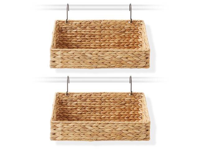 Casafield Set of 2 Hanging Baskets with Hooks - Natural, Hyacinth Woven Wall Mounted Storage Bins for Kitchen, Bathroom, Laundry Room, Home Office