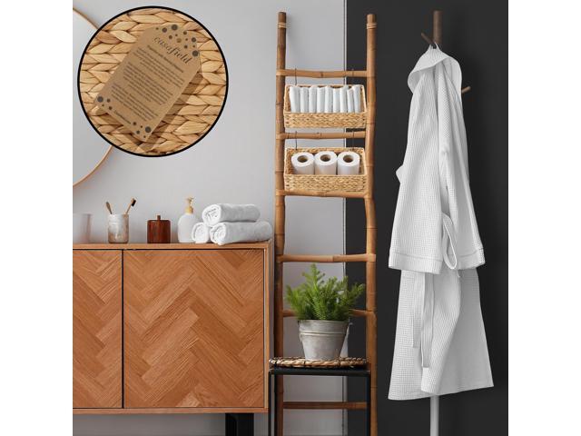 Casafield Set of 2 Hanging Baskets with Hooks - Natural, Hyacinth Woven Wall Mounted Storage Bins for Kitchen, Bathroom, Laundry Room, Home Office