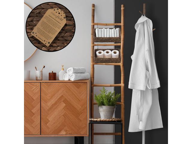 Casafield Set of 2 Hanging Baskets with Hooks - Espresso, Hyacinth Woven Wall Mounted Storage Bins for Kitchen, Bathroom, Laundry Room, Home Office
