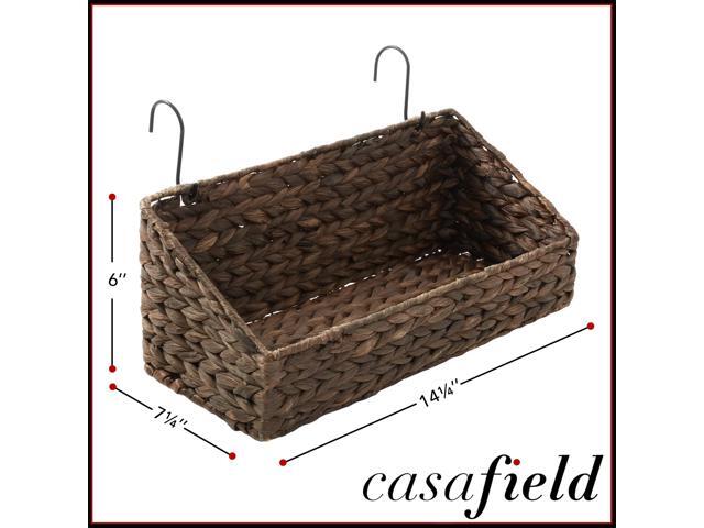 Casafield Set of 2 Hanging Baskets with Hooks - Espresso, Hyacinth Woven Wall Mounted Storage Bins for Kitchen, Bathroom, Laundry Room, Home Office