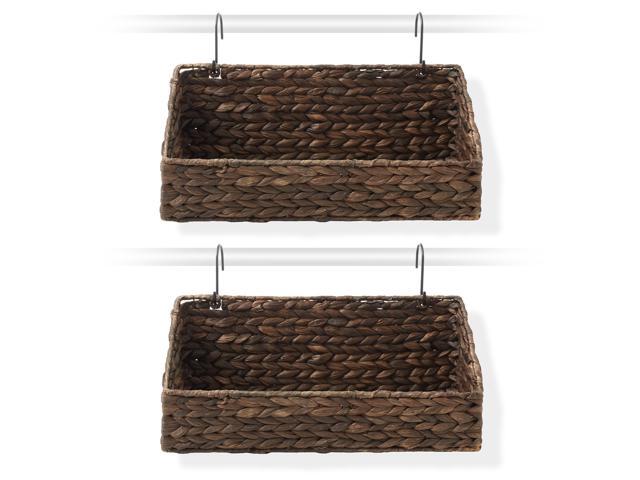 Casafield Set of 2 Hanging Baskets with Hooks - Espresso, Hyacinth Woven Wall Mounted Storage Bins for Kitchen, Bathroom, Laundry Room, Home Office