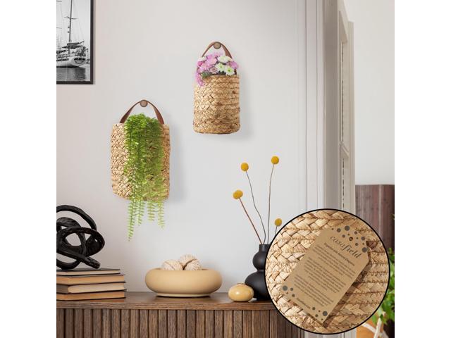 Casafield Set of 2 Water Hyacinth Wall Hanging Baskets with Handles (Small and Large) - Natural, Woven Boho Plant and Flower Storage Pots