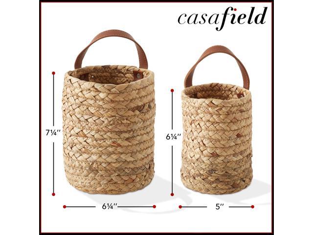 Casafield Set of 2 Water Hyacinth Wall Hanging Baskets with Handles (Small and Large) - Natural, Woven Boho Plant and Flower Storage Pots