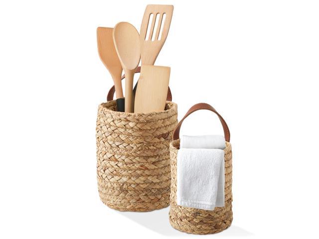 Casafield Set of 2 Water Hyacinth Wall Hanging Baskets with Handles (Small and Large) - Natural, Woven Boho Plant and Flower Storage Pots
