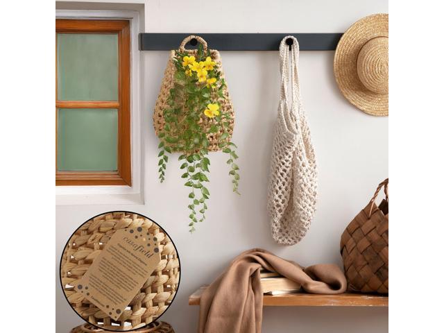 Casafield Open Weave Wall Hanging Basket for Plants and Flowers - Natural, Water Hyacinth Decorative Boho Accent for Front Door and Entryway