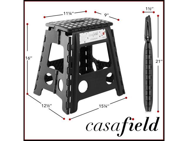 Casafield 16' Folding Step Stool with Handle, Black - Portable Collapsible Small Plastic Foot Stool for Adults - Use in the Kitchen, Bathroom and...