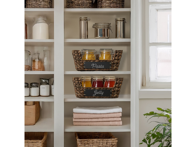 Casafield Set of 2 Water Hyacinth Pantry Baskets with Handles, Chalkboard Labels, and Marker - Espresso, Wide Woven Storage Bin Organizers for...
