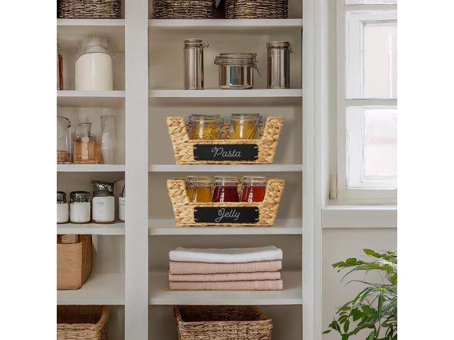 Casafield Set of 2 Water Hyacinth Pantry Baskets with Handles, Chalkboard Labels, and Marker - Natural, Wide Woven Storage Bin Organizers for...