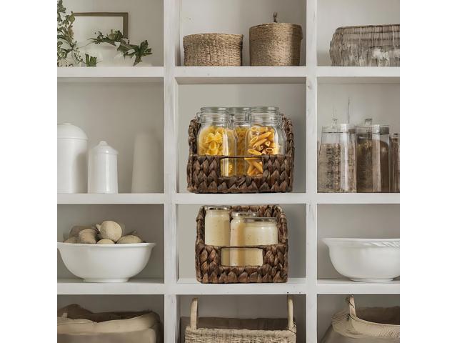 Casafield Set of 2 Water Hyacinth Pantry Baskets with Handles - Espresso, Woven Storage Bin Organizers for Kitchen Shelves, Medium and Large Sizes