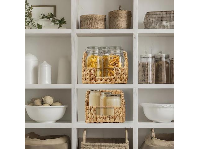 Casafield Set of 2 Water Hyacinth Pantry Baskets with Handles - Natural, Woven Storage Bin Organizers for Kitchen Shelves, Medium and Large Sizes