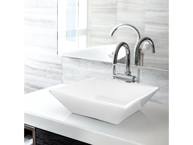 Miligoré 16' x 16' Beveled Square White Ceramic Vessel Sink - Modern Above Counter Bathroom Vanity Bowl