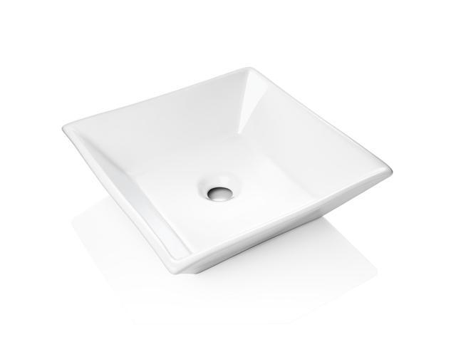 Miligoré 16' x 16' Beveled Square White Ceramic Vessel Sink - Modern Above Counter Bathroom Vanity Bowl