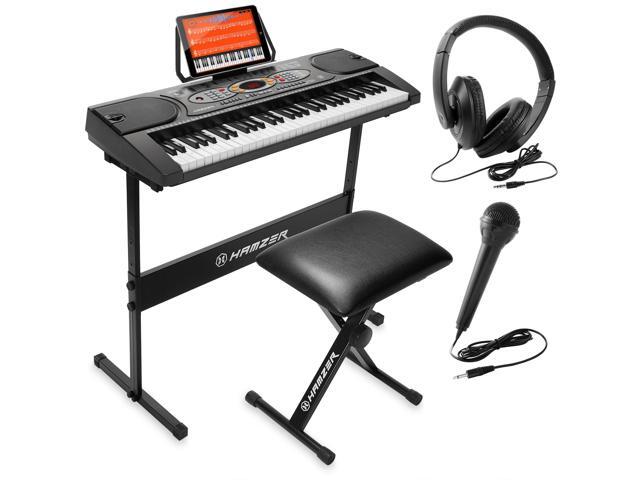 Hamzer 61-Key Electronic Keyboard Portable Digital Music Piano with H-Stand, Stool, Headphones, Microphone, & Sticker Set