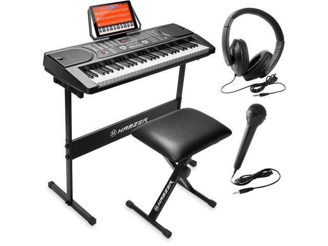 Hamzer 61 Key Digital Keyboard Piano with Stand & Bench, Beginner Electric Piano Keyboard Kit with Speakers, Headphones, Microphone, Keynote Stickers