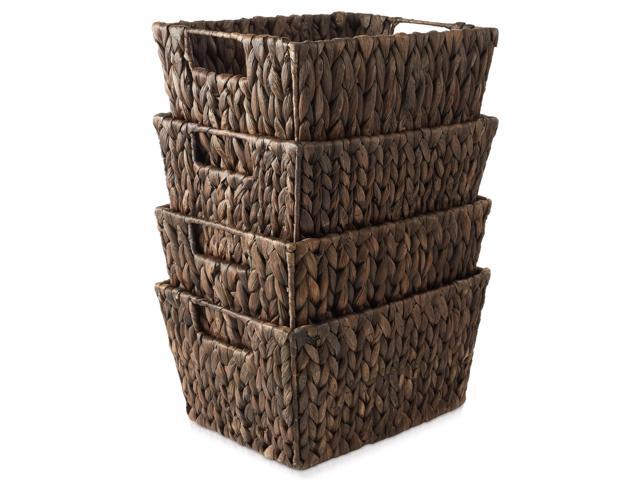 Casafield Set of 4 Water Hyacinth Storage Baskets with Handles - Espresso Brown, Woven Storage Bins for Shelves, Blankets, Laundry Organization