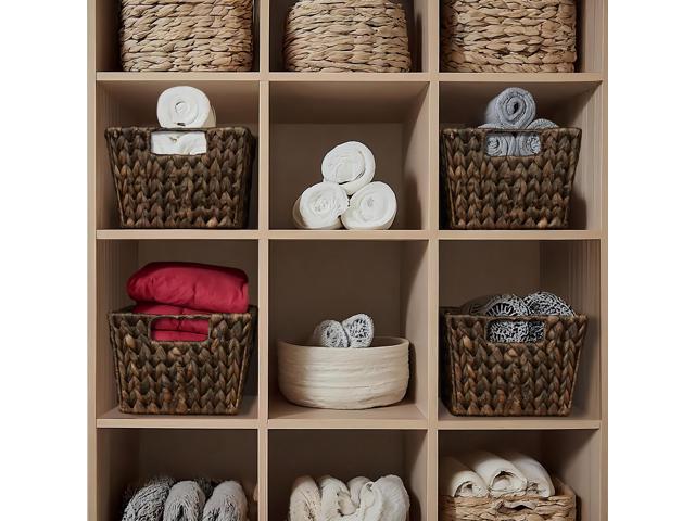Casafield Set of 4 Water Hyacinth Storage Baskets with Handles - Espresso Brown, Woven Storage Bins for Shelves, Blankets, Laundry Organization