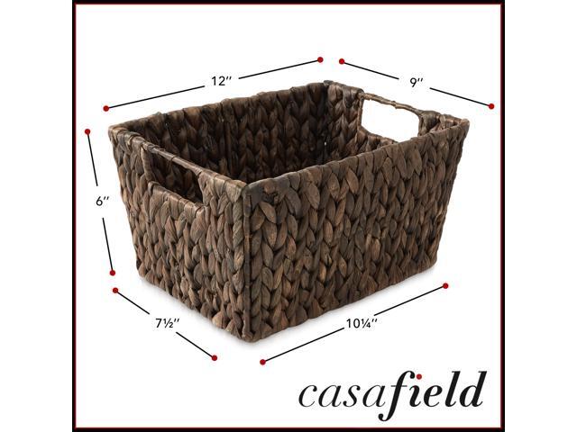 Casafield Set of 4 Water Hyacinth Storage Baskets with Handles - Espresso Brown, Woven Storage Bins for Shelves, Blankets, Laundry Organization