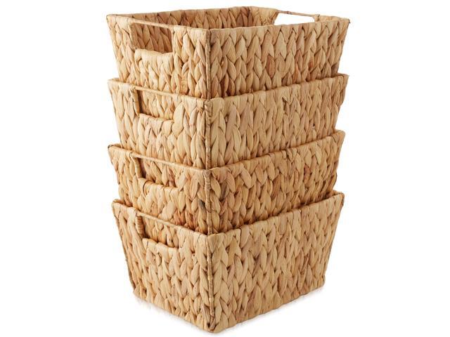Casafield Set of 4 Water Hyacinth Storage Baskets with Handles - Natural, Woven Storage Bins for Shelves, Blankets, Laundry Organization
