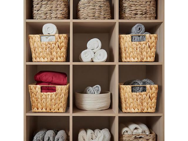 Casafield Set of 4 Water Hyacinth Storage Baskets with Handles - Natural, Woven Storage Bins for Shelves, Blankets, Laundry Organization
